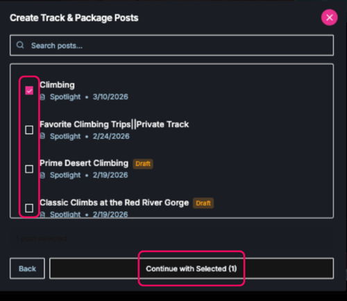 Dialog box showing selected tracks Dialog box showing selected tracks