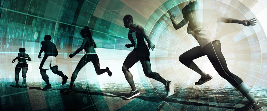 A line of runners with wearable technology as a background.