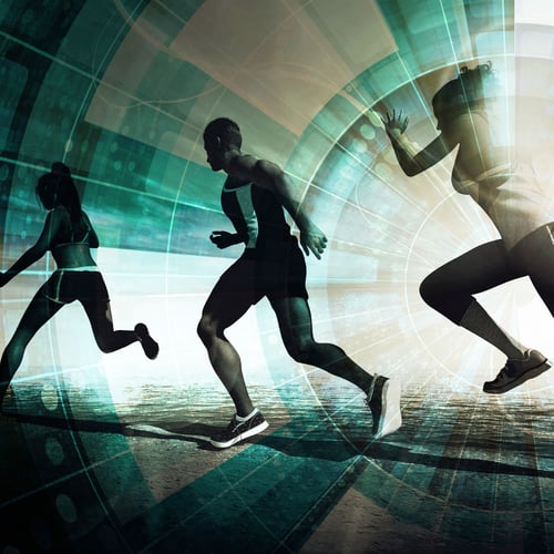 Three runners in the foreground with a digital background