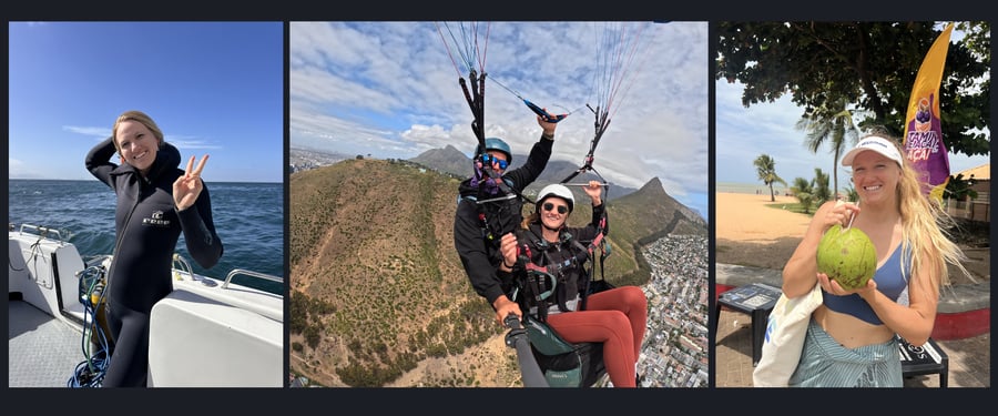 Images of Corinne Quiggle paragliding, standing with a coconut, and on a boat wearing a wetsuit